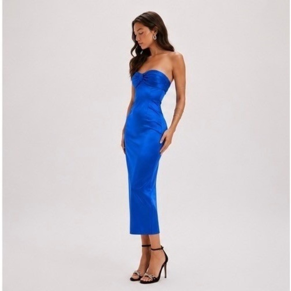 Area Stars Gilly Strapless Blue Satin Twist Midi Dress Sz:M Bodycon Cocktail NWT